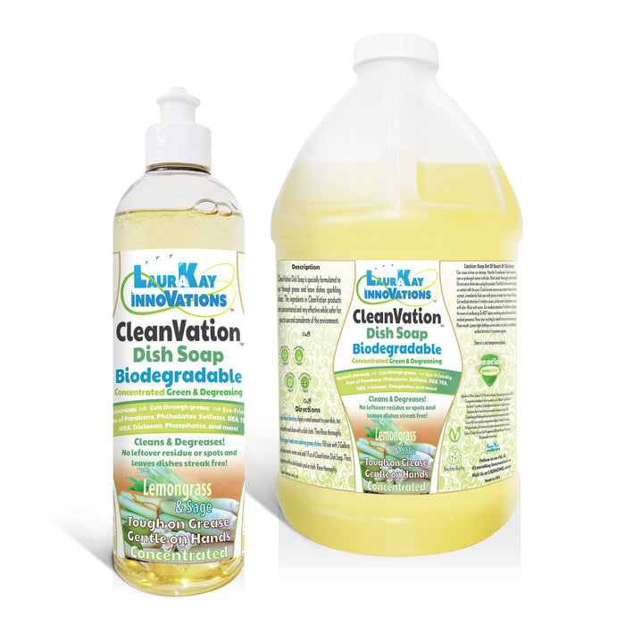 Natural Dish Soap - CleanVation™ 16 fl oz with 64 fl oz Refill Bundle: Concentrated Biodegradable Green Premium Liquid Dish Soap