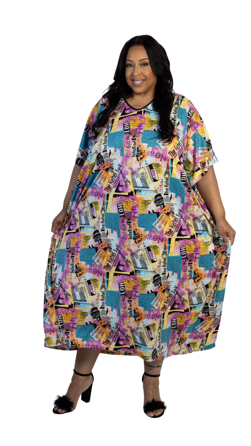 Vibrant Magazine Collage Print Maxi Kaftan