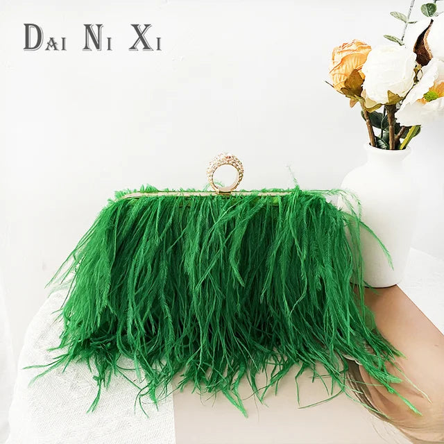 Ostrich Fuax Fur Feather Wallet Clutch Bag