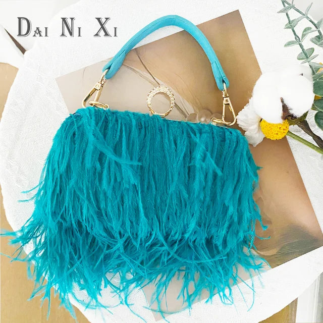 Ostrich Fuax Fur Feather Wallet Clutch Bag