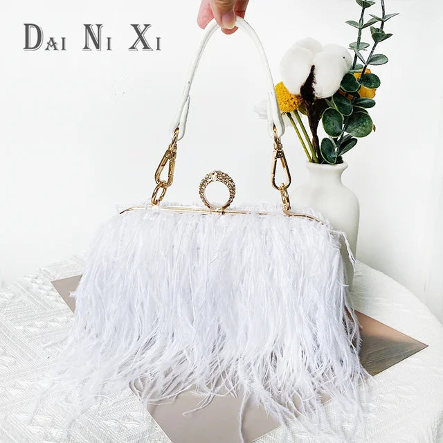 Ostrich Fuax Fur Feather Wallet Clutch Bag