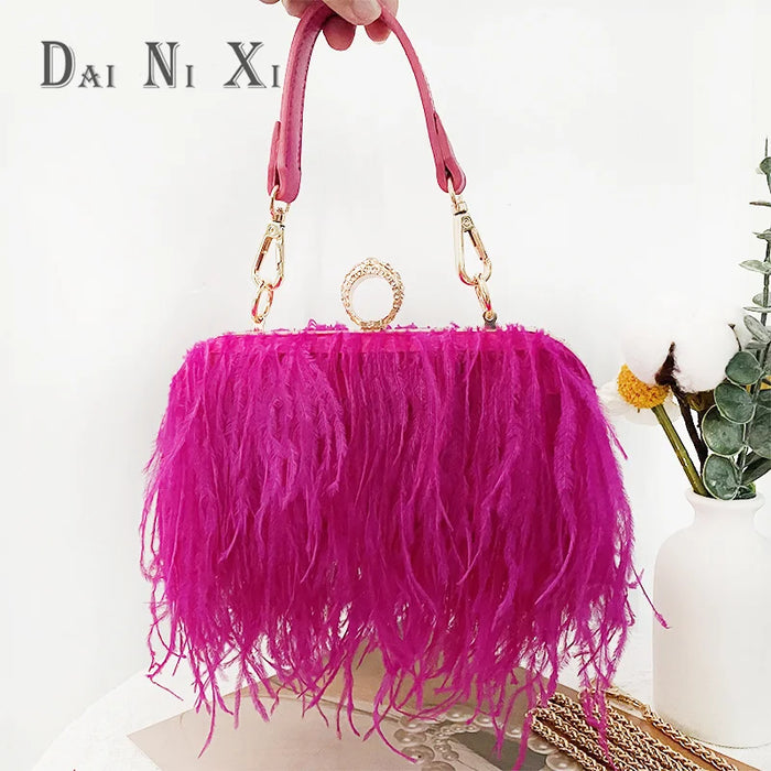 Ostrich Fuax Fur Feather Wallet Clutch Bag