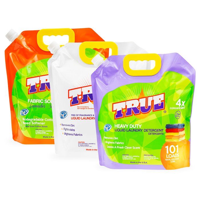 1 True Laundry Detergent • 1 Free & Clear Laundry Detergent • 1 Plant Based Fabric Softener