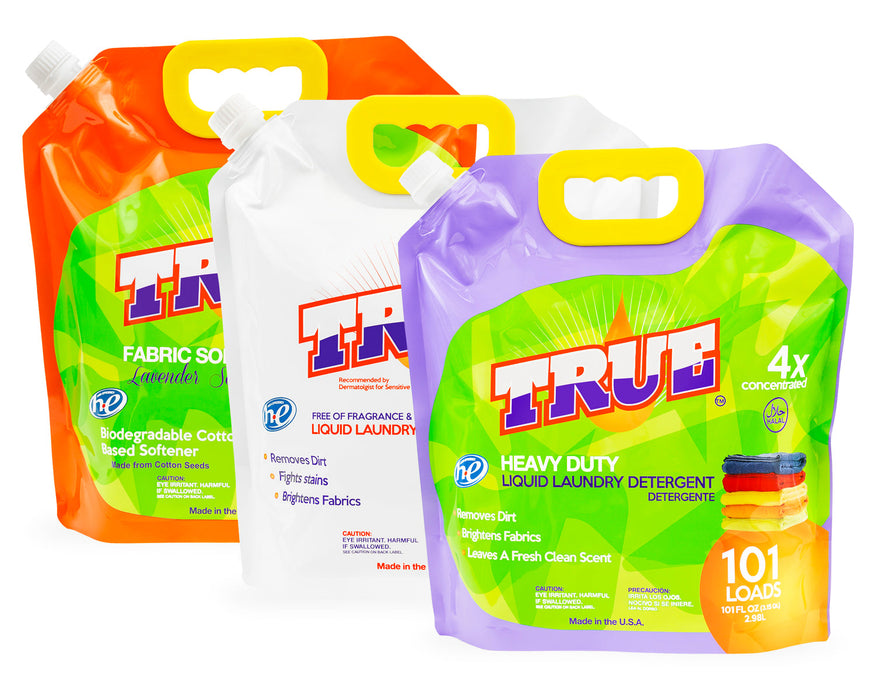 1 True Laundry Detergent • 1 Free & Clear Laundry Detergent • 1 Plant Based Fabric Softener